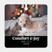 Comfort & Vreugde Foto en Naam Modern Kerstmis Metalen Ornament (Achterkant)