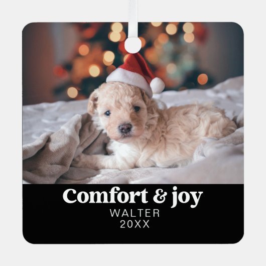 Comfort & Vreugde Foto en Naam Modern Kerstmis Metalen Ornament (Voorkant)