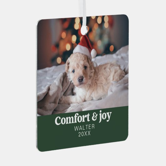 Comfort & Vreugde Foto en Naam Modern Kerstmis Metalen Ornament (Voorkant Rechts)