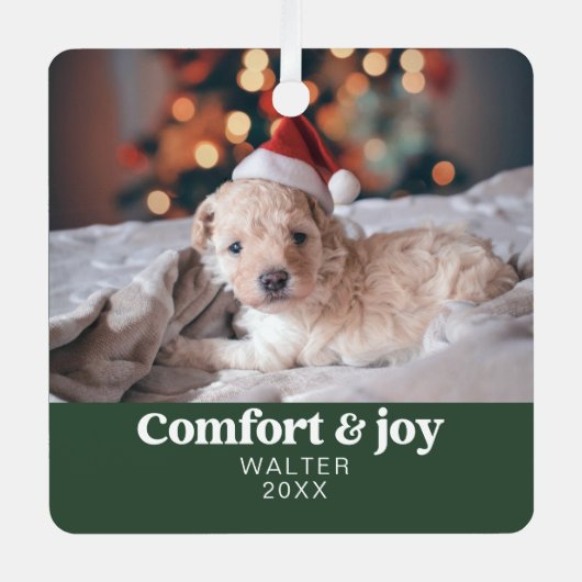 Comfort & Vreugde Foto en Naam Modern Kerstmis Metalen Ornament (Voorkant)
