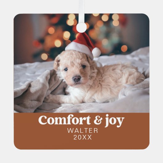 Comfort & Vreugde Foto en Naam Modern Kerstmis Metalen Ornament (Voorkant)