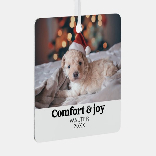 Comfort & Vreugde Foto en Naam Modern Kerstmis Metalen Ornament (Voorkant Rechts)