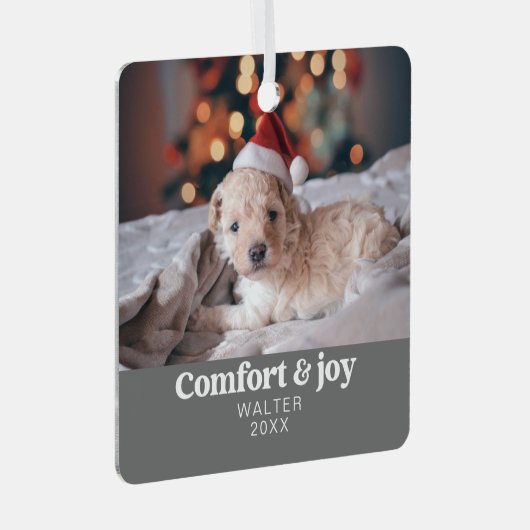 Comfort & Vreugde Foto en Naam Modern Kerstmis Metalen Ornament (Voorkant Rechts)
