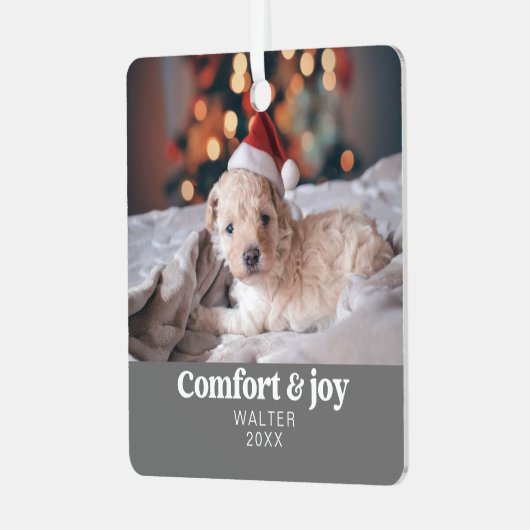 Comfort & Vreugde Foto en Naam Modern Kerstmis Metalen Ornament (Voorkant links)