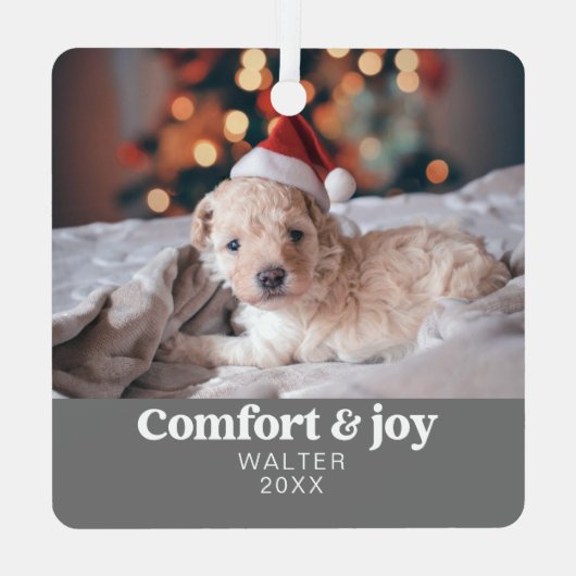 Comfort & Vreugde Foto en Naam Modern Kerstmis Metalen Ornament (Achterkant)