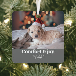 Comfort & Vreugde Foto en Naam Modern Kerstmis Metalen Ornament