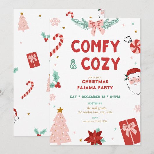 Comfy & Cozy Christmas Pajama Party Invitations Kaart (Voorkant / Achterkant)