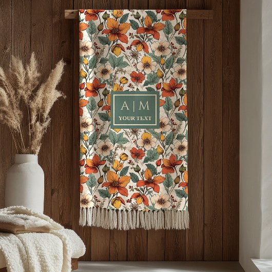 Comfy Olive Green Rust Copper Autumn Flower Art Fleece Deken