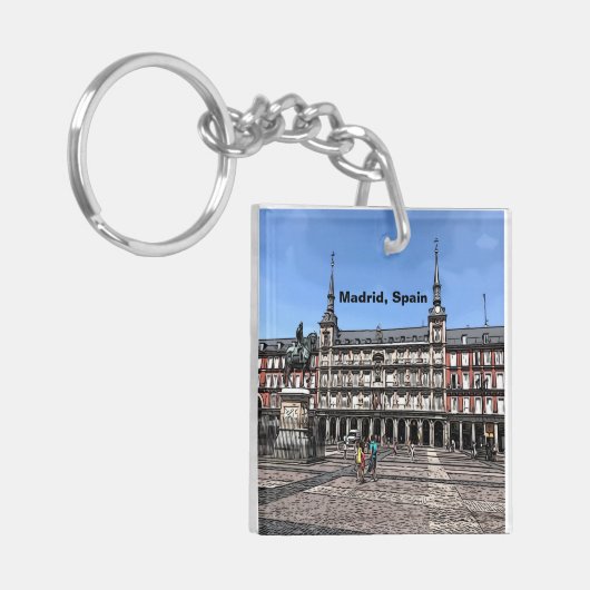 Comic Art of a plaza in Madrid, Spanje Sleutelhanger (Voorkant Links)