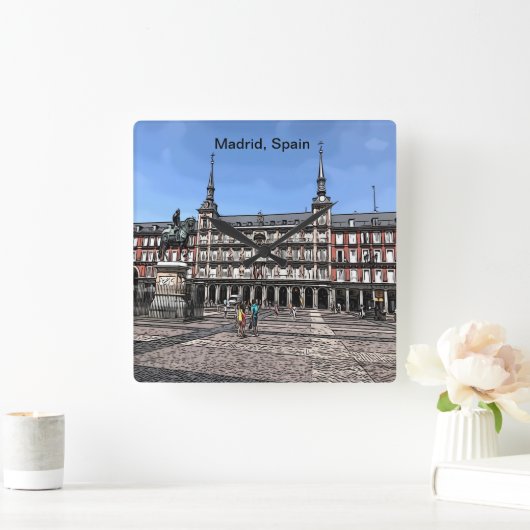 Comic Art of a plaza in Madrid, Spanje Vierkante Klok (Huis)
