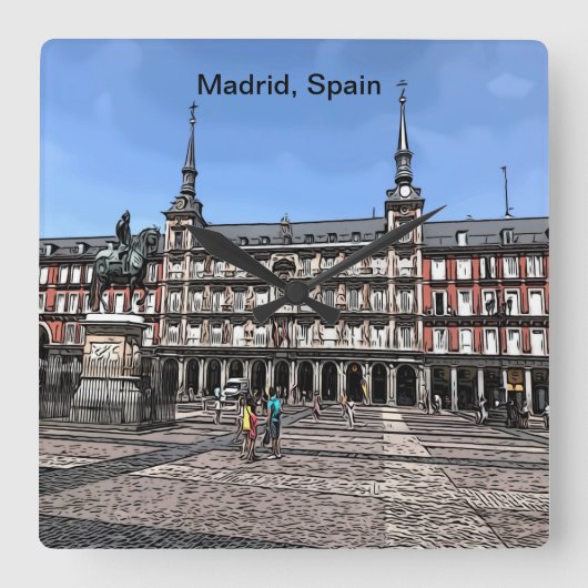 Comic Art of a plaza in Madrid, Spanje Vierkante Klok (Voorkant)