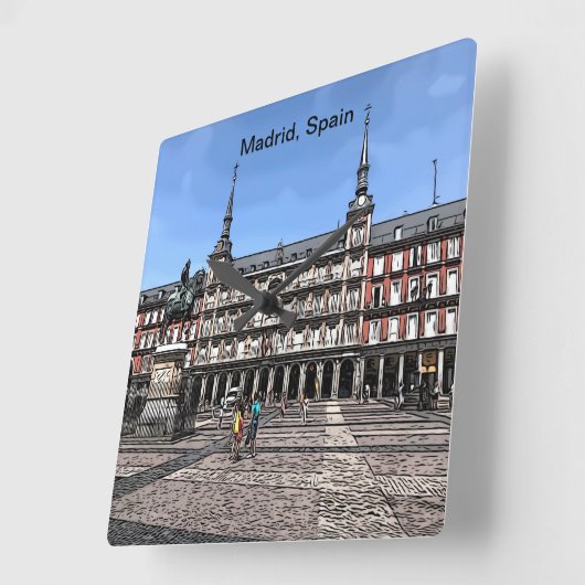 Comic Art of a plaza in Madrid, Spanje Vierkante Klok (Hoek)