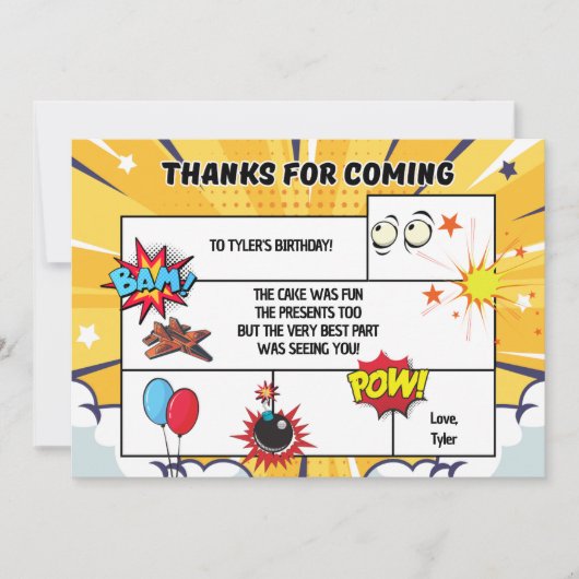 Comic Birthday Party Thank You Card Bedankkaart (Voorkant)