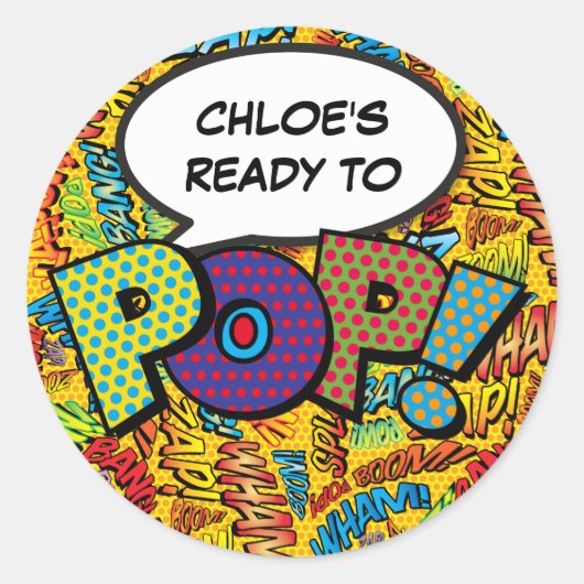Comic Book Baby Shower Strooi Klaar om te POP Ronde Sticker (Voorkant)