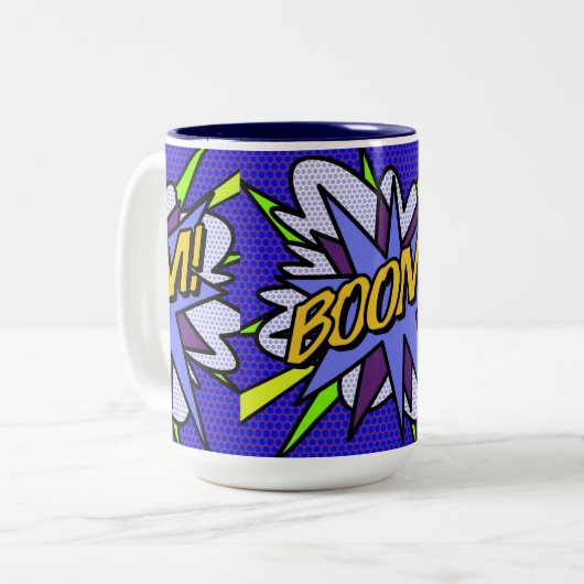 Comic Book BOOM Fun Cool Modern Tweekleurige Koffiemok (Voorkant links)