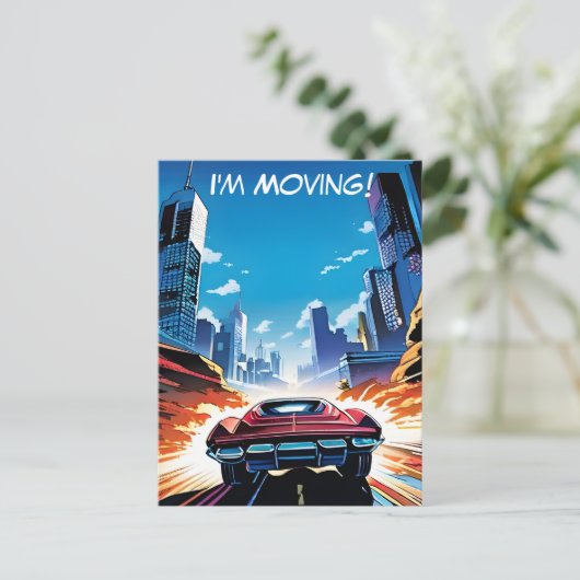 Comic Book Car Going Fast New Address Briefkaart (Staand voorkant)