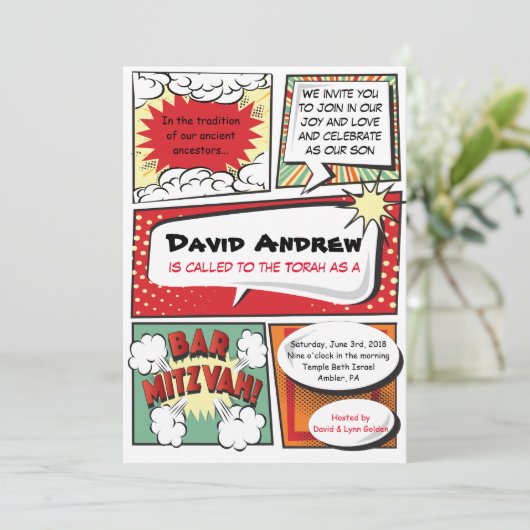 COMIC BOOK FANTASY Bar Mitzvah Uitnodiging (Staand voorkant)