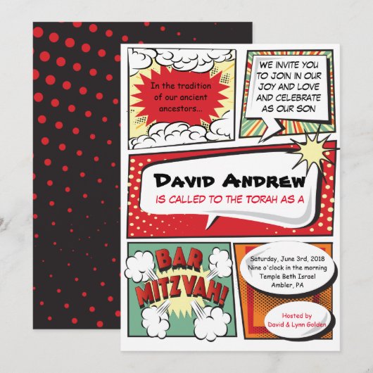 COMIC BOOK FANTASY Bar Mitzvah Uitnodiging (Voorkant / Achterkant)