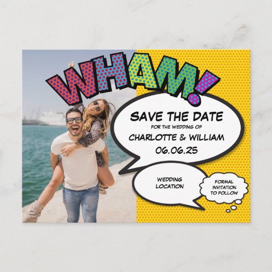 Comic Book Foto Save The Date Aankondigingskaart (Voorkant)