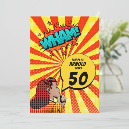 Comic Book Half-Tone Birthday Uitnodiging (Staand voorkant)