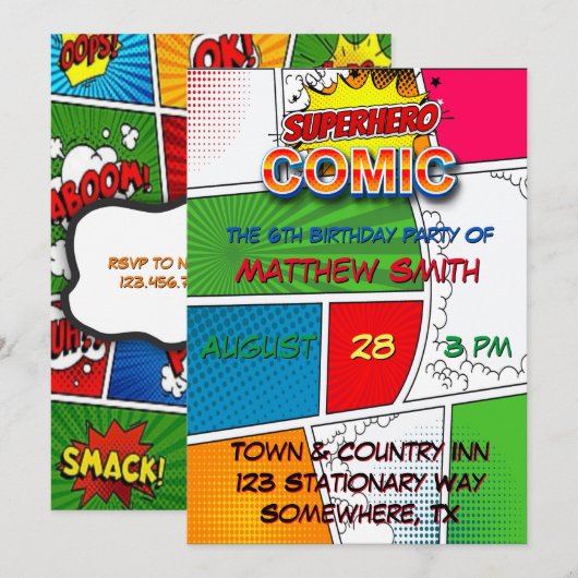 Comic Book Magazine Stijl Kinderen Verjaardagsfees Kaart (Voorkant / Achterkant)