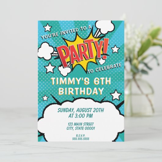 Comic Book PARTY! Uitnodiging (Staand voorkant)