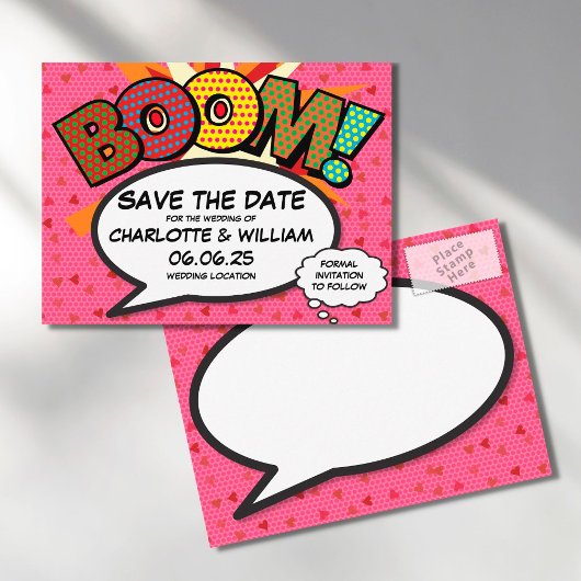 Comic Book Pop Art BOOM Bewaar de datum Aankondigingskaart