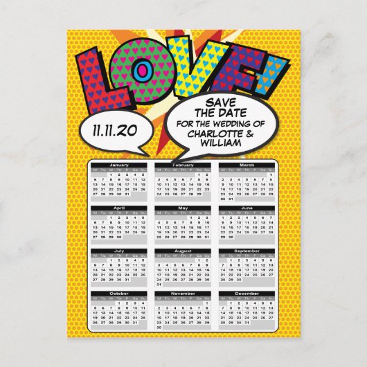 Comic Book Pop Art Save the Date 2020 Agenda Aankondigingskaart (Voorkant)