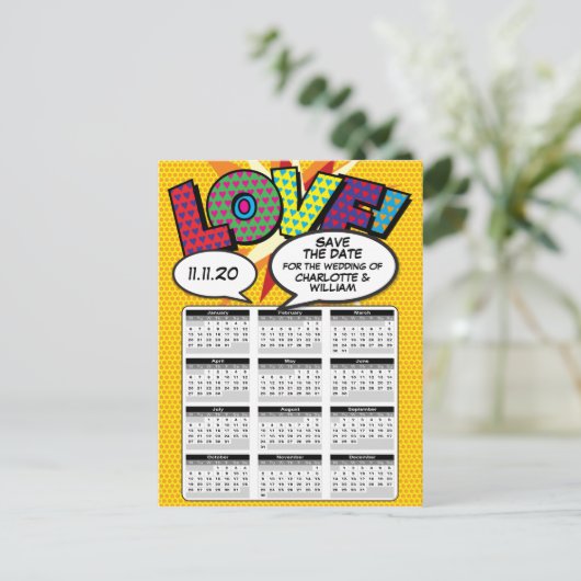 Comic Book Pop Art Save the Date 2020 Agenda Aankondigingskaart (Staand voorkant)