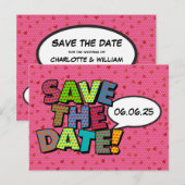 Comic Book Save The Date Roze Harten Aankondigingskaart (Voorkant / Achterkant)