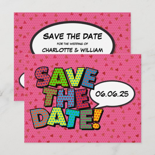 Comic Book Save The Date Roze Harten Aankondigingskaart (Voorkant / Achterkant)