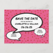Comic Book Save The Date Roze Harten Aankondigingskaart (Achterkant)