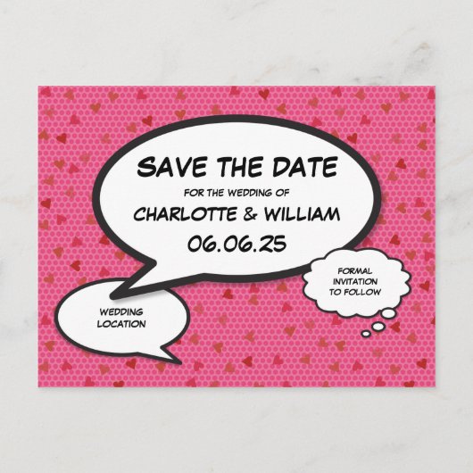 Comic Book Save The Date Roze Harten Aankondigingskaart (Achterkant)