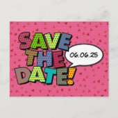 Comic Book Save The Date Roze Harten Aankondigingskaart (Voorkant)