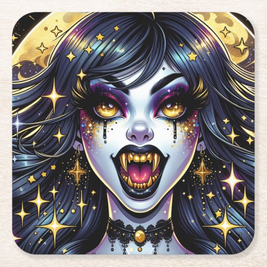 Comic Book Stijl Vampier Halloween Feest Kartonnen Onderzetters (Voorkant)