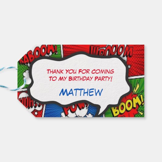 Comic Book Style Kids Verjaardagsfeest Bedankt Cadeaulabel (Achterkant Horizontaal)