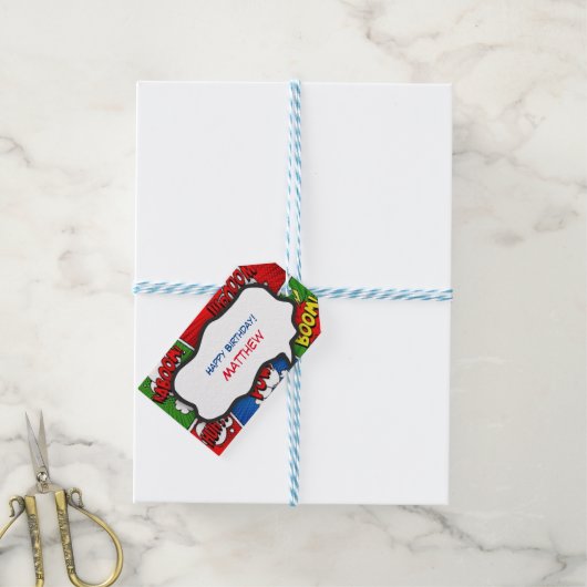 Comic Book Style Kids Verjaardagsfeest Bedankt Cadeaulabel (Met Touw)