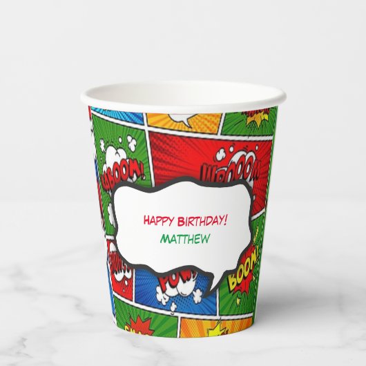 Comic Book Style Kids Verjaardagsfeest Papieren Bekers (Achterkant)
