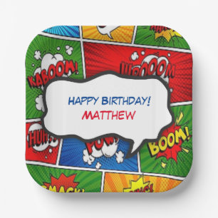 Comic Book Style Kids Verjaardagsfeest Papieren Bordje