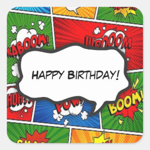 Comic Book Style Kids Verjaardagsfeest Vierkante Sticker