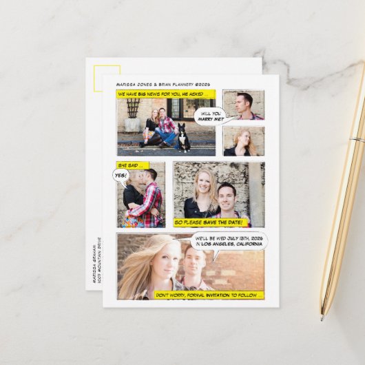 Comic Book Style Save the Date Aankondigingskaart (Voorkant / Achterkant in situ)