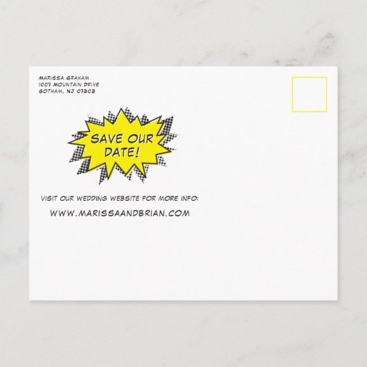 Comic Book Style Save the Date Aankondigingskaart (Achterkant)