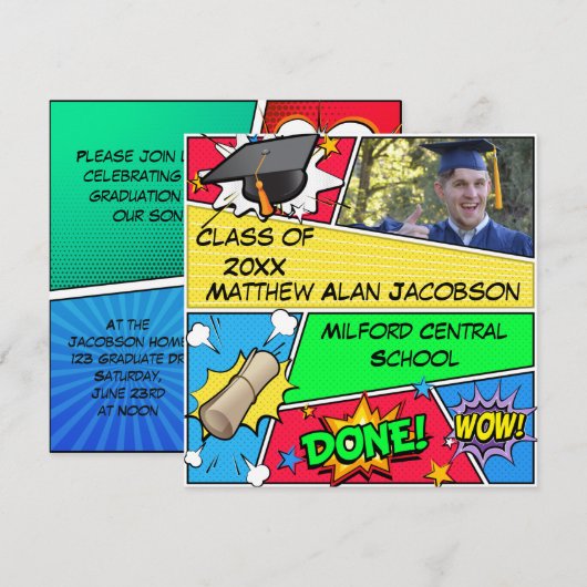 Comic Book Superheld Afstuderen Uitnodiging (Voorkant / Achterkant)