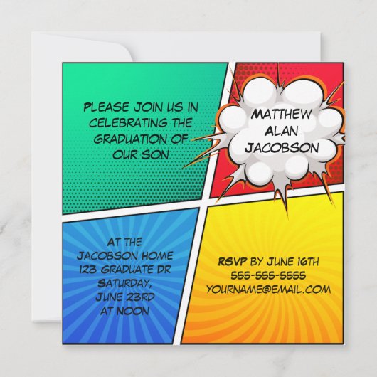 Comic Book Superheld Afstuderen Uitnodiging (Achterkant)