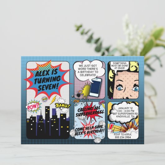 Comic Book Superheld Birthday Uitnodiging (Staand voorkant)