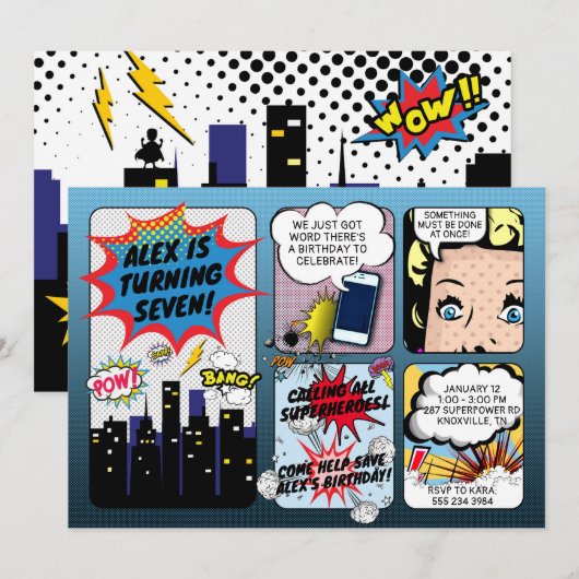  Comic Book Superheld Birthday Uitnodiging (Voorkant / Achterkant)