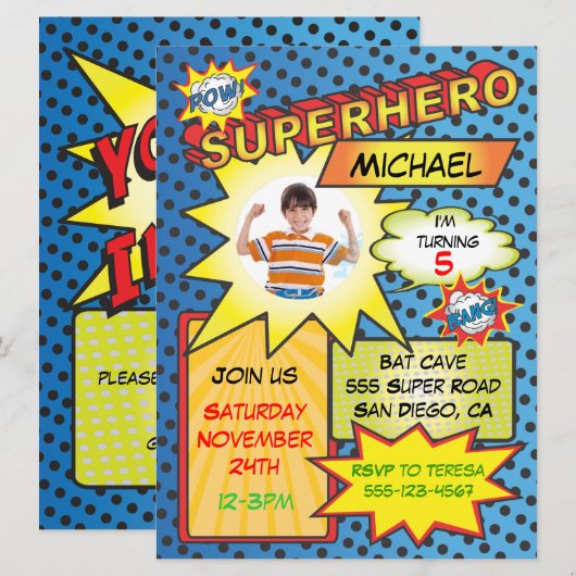 Comic Book Superheld Photo Insert Birthday Party Kaart (Voorkant / Achterkant)