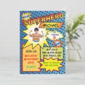 Comic Book Superheld Photo Insert Birthday Party Kaart (Staand voorkant)