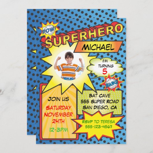 Comic Book Superheld Photo Insert Birthday Party Kaart (Voorkant / Achterkant)