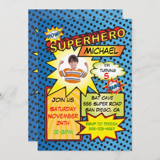 Comic Book Superheld Photo Insert Birthday Party Kaart (Voorkant / Achterkant)